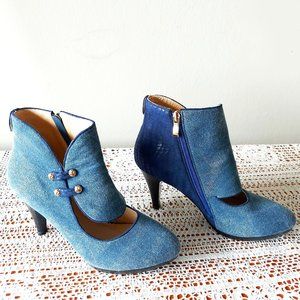 Luvshoes Denim Shoes Size 37 EU Blue Leather Lining Heel Booties Zipper Cutout